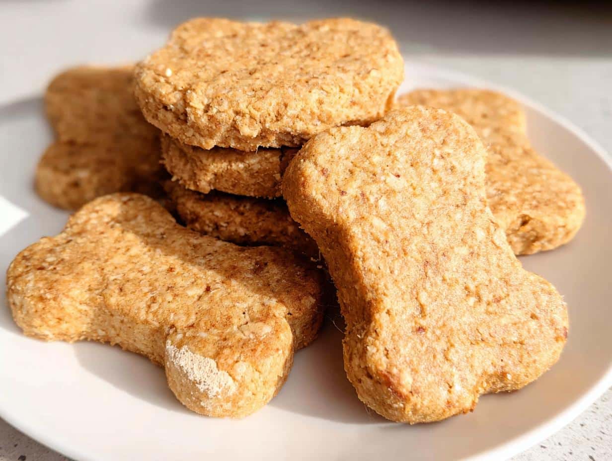 Close-up of several bone-shaped Pear Crunch Gift Dog Cookies stacked and arranged on a white plate.