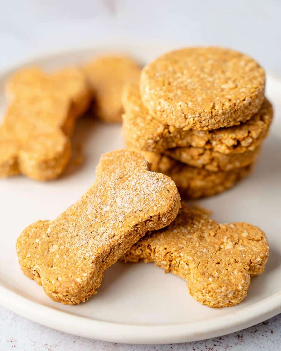 Close-up of homemade Pear Crunch Gift Dog Cookies shaped like bones and circles on a white plate.