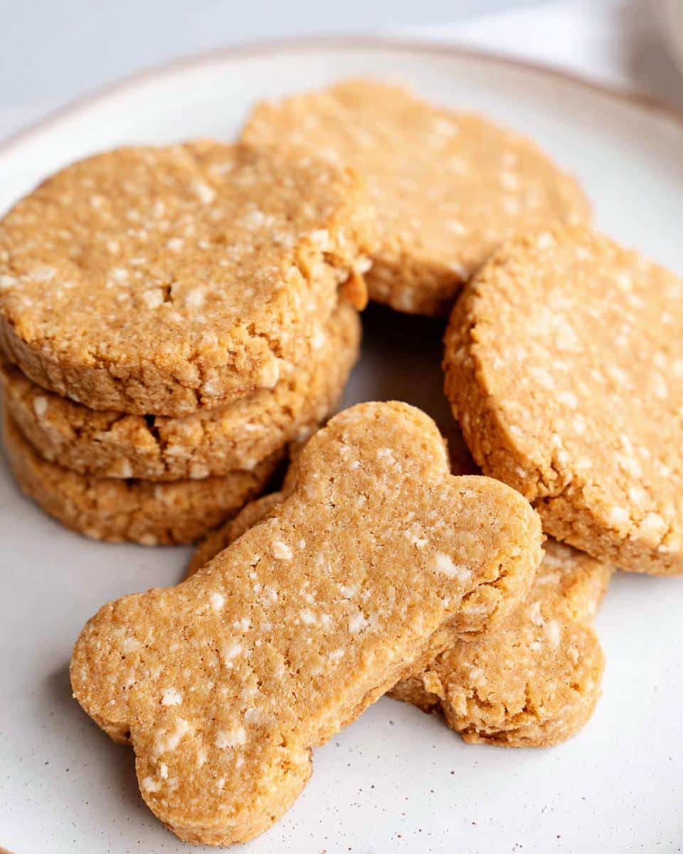 Close-up of homemade Pear Crunch Gift Dog Cookies, featuring bone shapes and round shapes, stacked on a light plate.