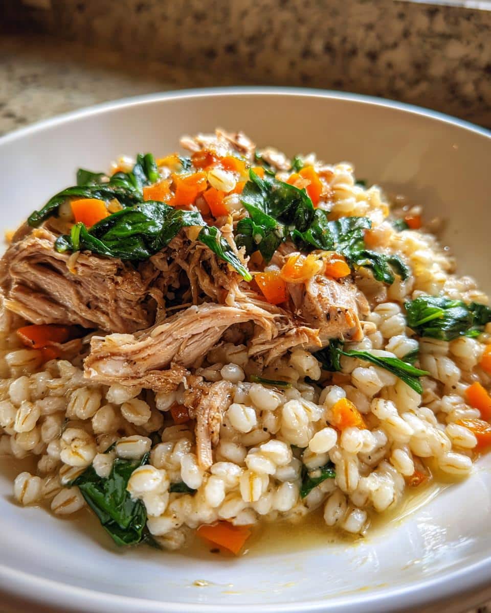 Close-up of a hearty Pork and Barley Fitness Meal topped with pulled pork, spinach, and diced carrots.