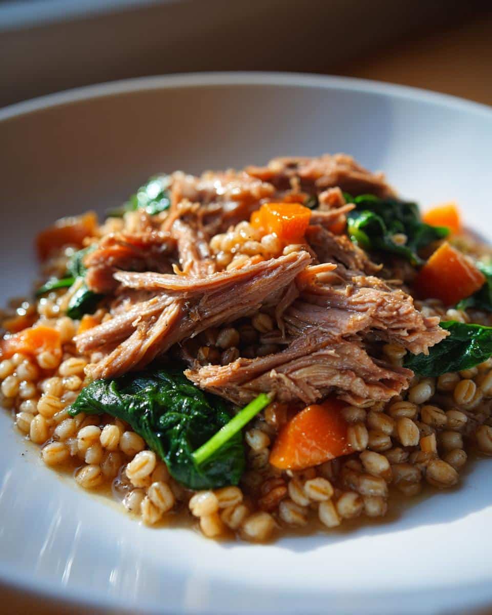 Close-up of a Pork and Barley Fitness Meal featuring shredded pork, cooked barley, spinach, and diced carrots in a white bowl.