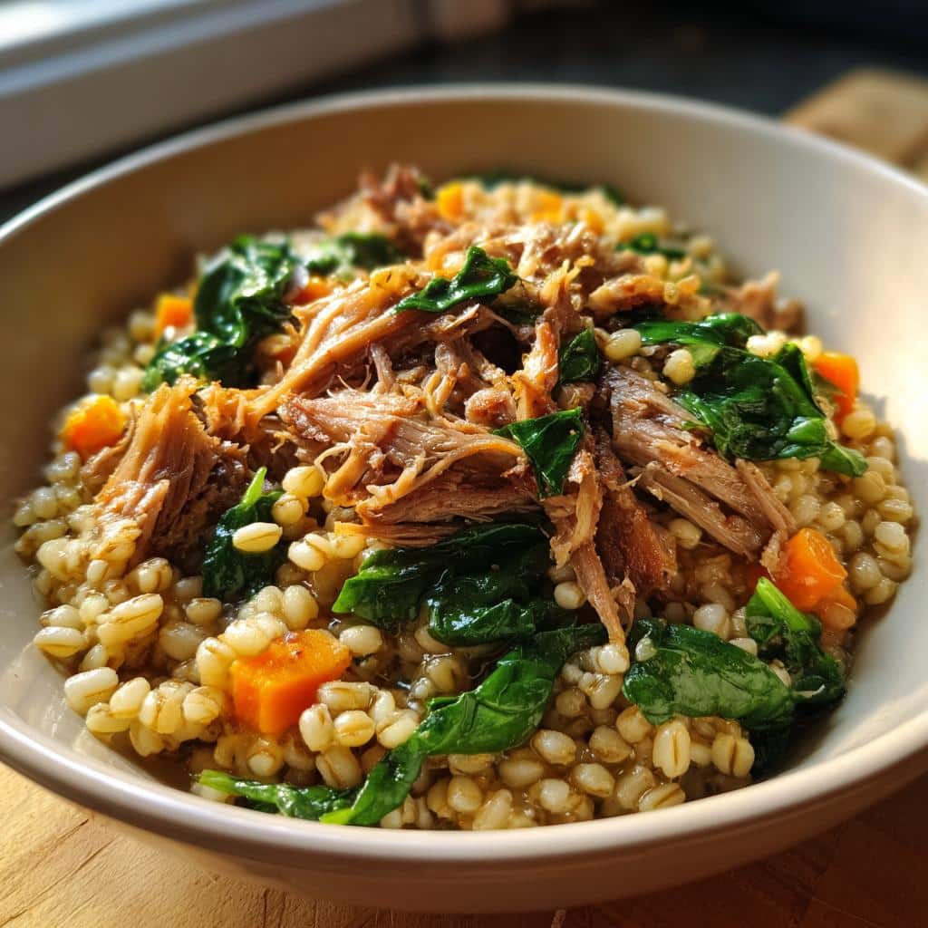 A close-up of a hearty Pork and Barley Fitness Meal topped with shredded pork, spinach, and diced carrots.