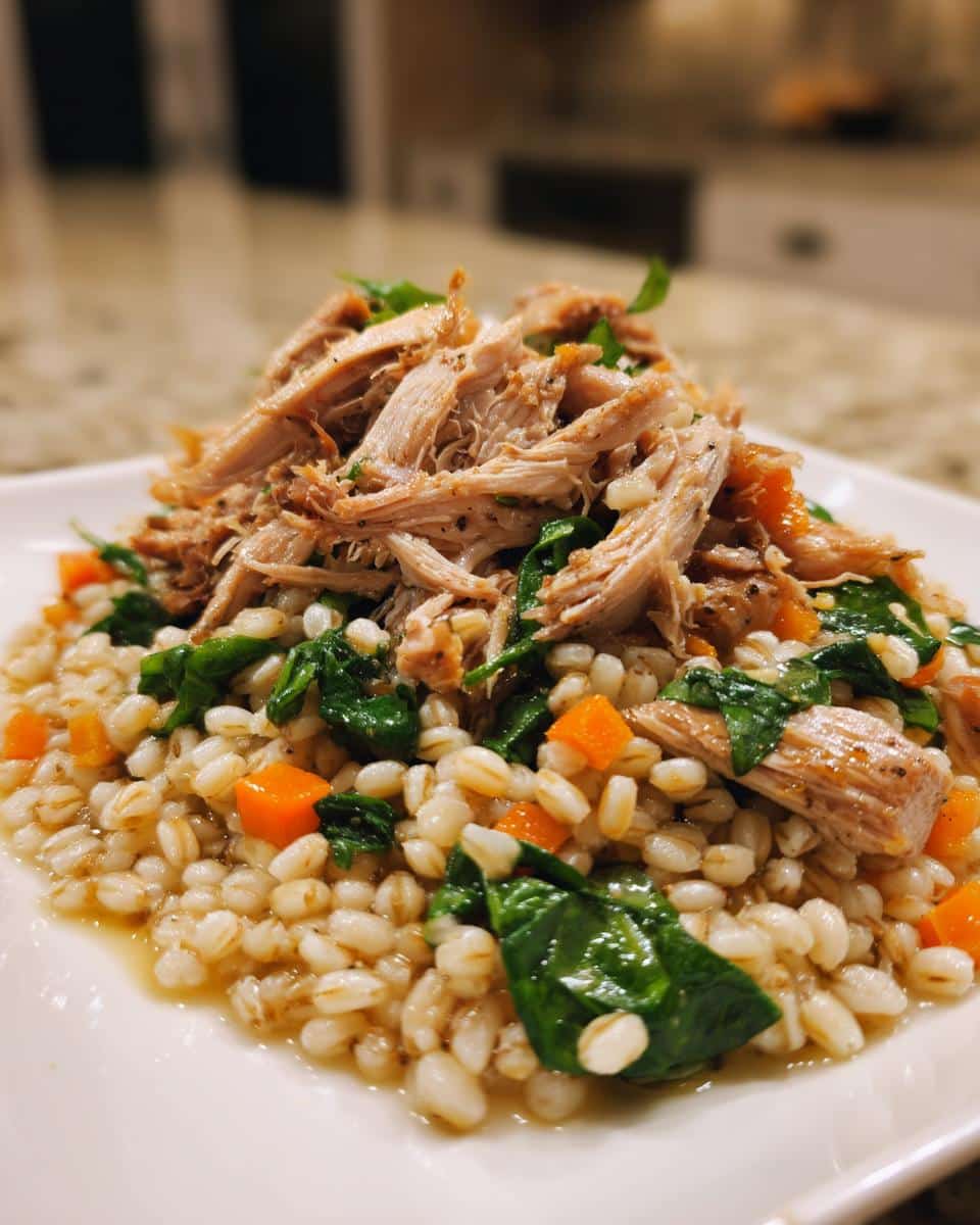 Close-up of a Pork and Barley Fitness Meal featuring shredded pork, cooked barley, spinach, and diced carrots on a white plate.