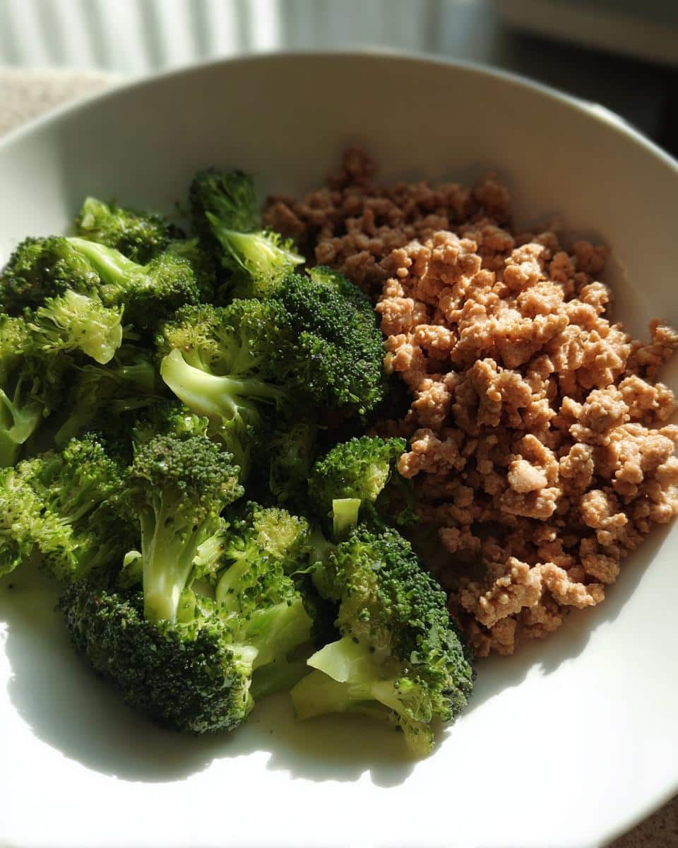Close-up of steamed broccoli florets next to seasoned ground pork in a white bowl, part of a Pork Broccoli Simple Dog Plate.