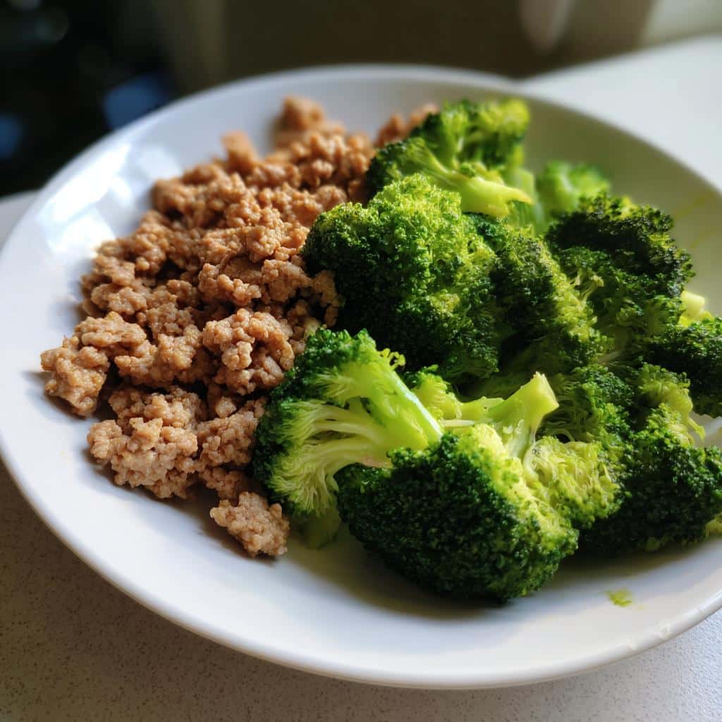 A white plate holding cooked ground pork and bright green steamed broccoli florets, representing the Pork Broccoli Simple Dog Plate.