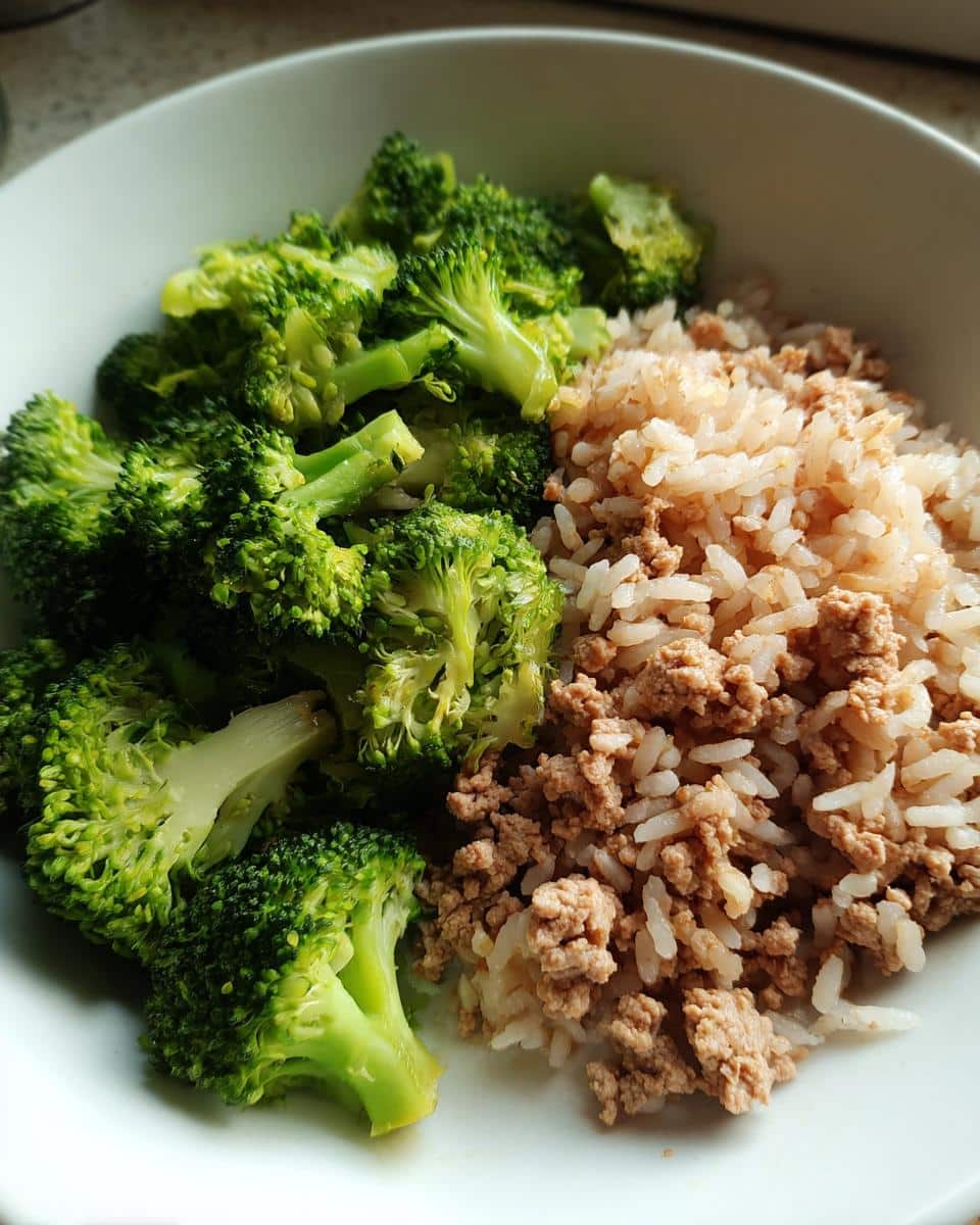 A white bowl containing a Pork Broccoli Simple Dog Plate with steamed broccoli, ground pork, and white rice.