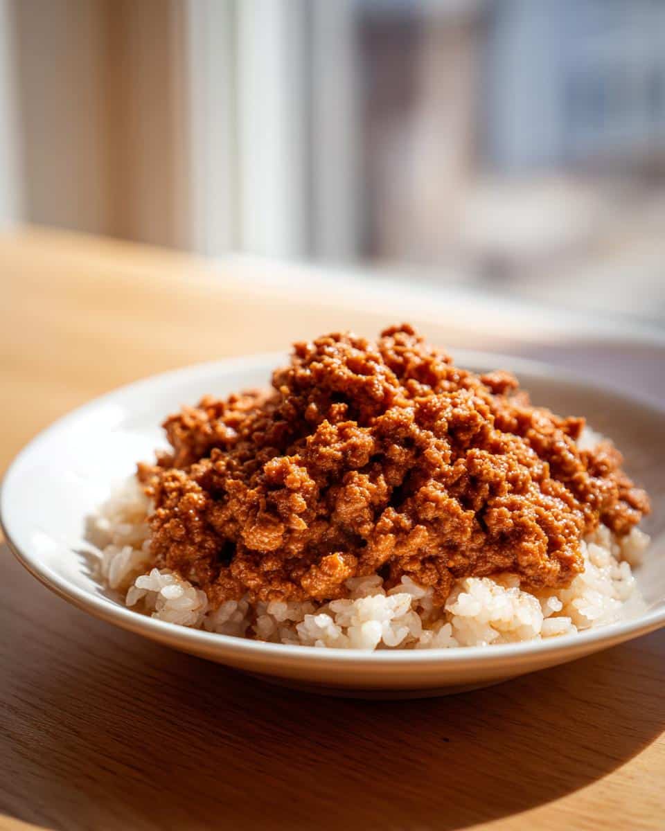 A white bowl filled with white rice topped generously with savory, brown Pork Rice Classic Dog Dinner mixture.