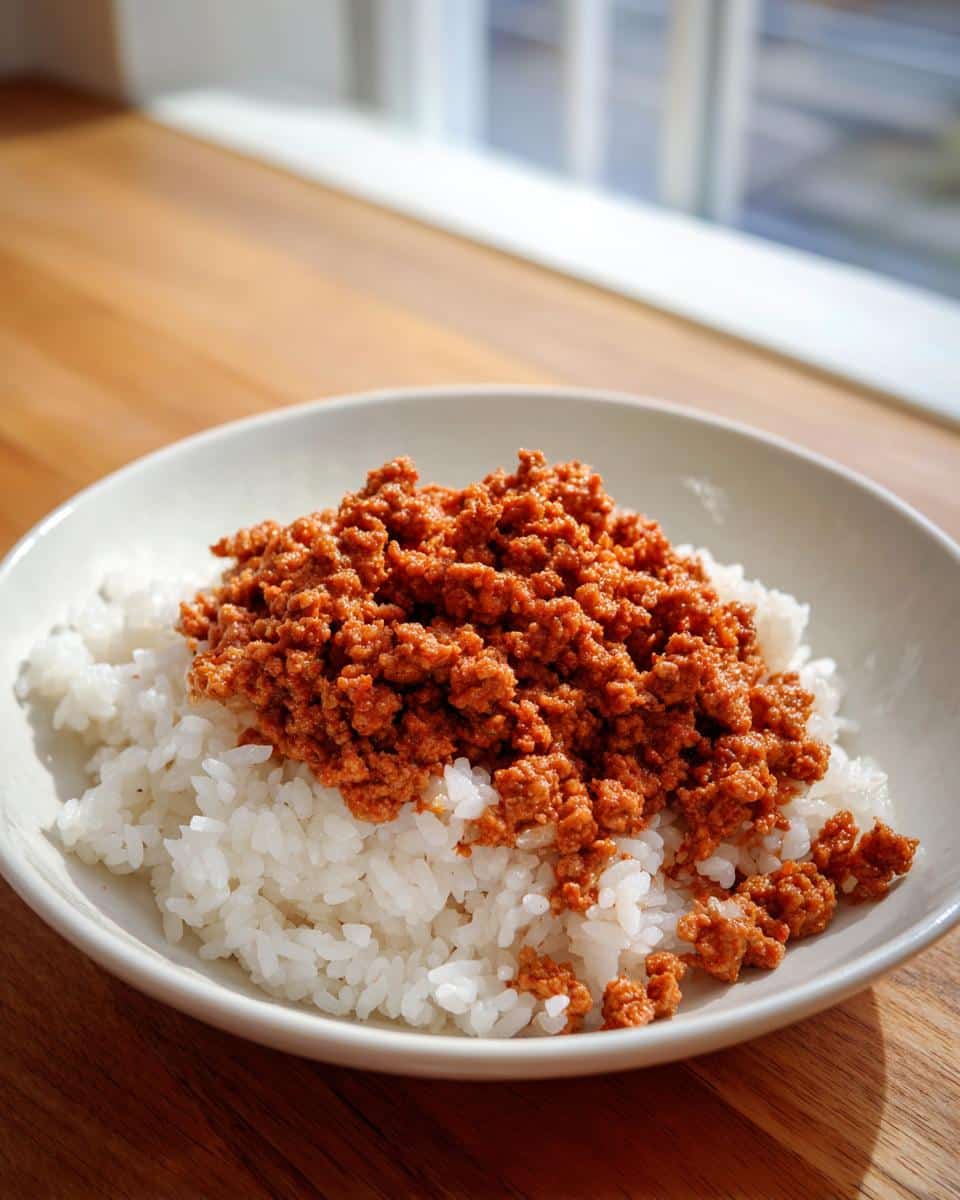 A white bowl filled with white rice topped generously with seasoned ground meat for the Pork Rice Classic Dog Dinner.