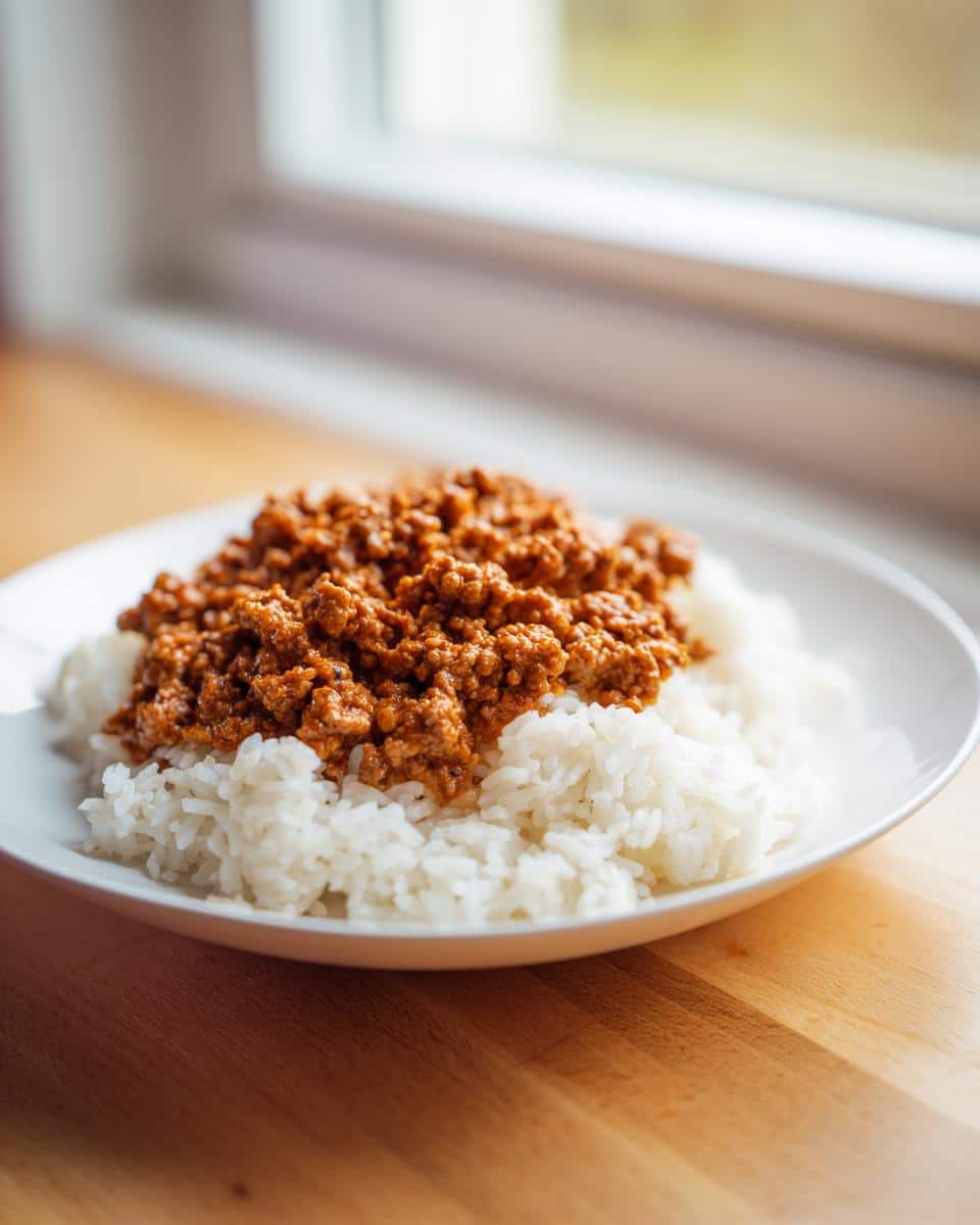 A white plate holds a serving of white rice topped with savory ground pork mixture for the Pork Rice Classic Dog Dinner.
