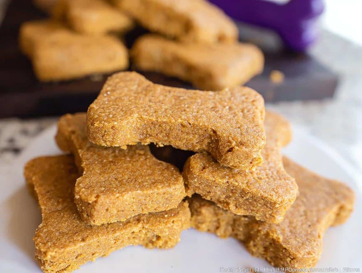 Close-up of stacked, bone-shaped Pumpkin Holiday Dog Casserole treats on a white plate.