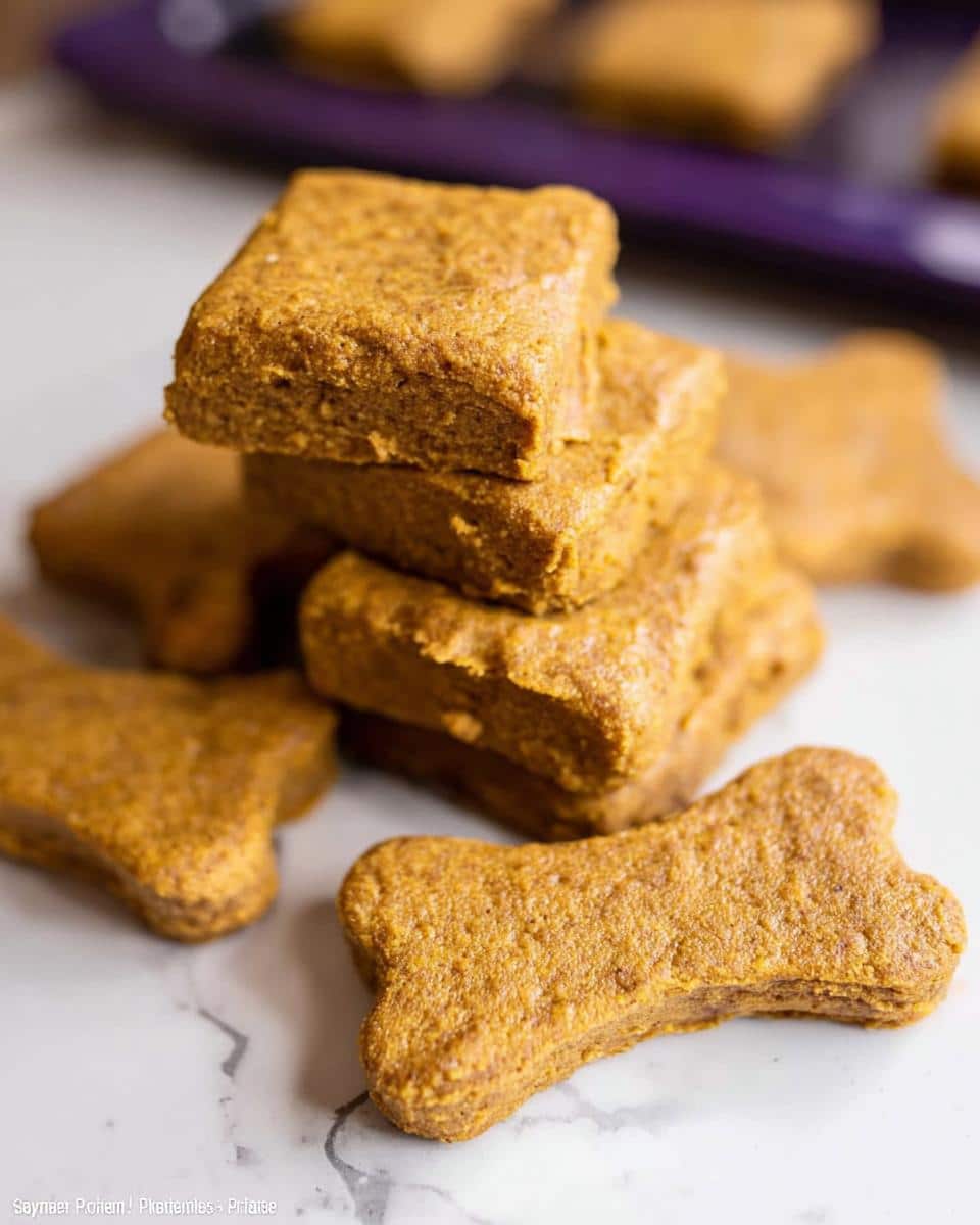 Close-up of square and bone-shaped Pumpkin Holiday Dog Casserole treats stacked and scattered on a marble surface.