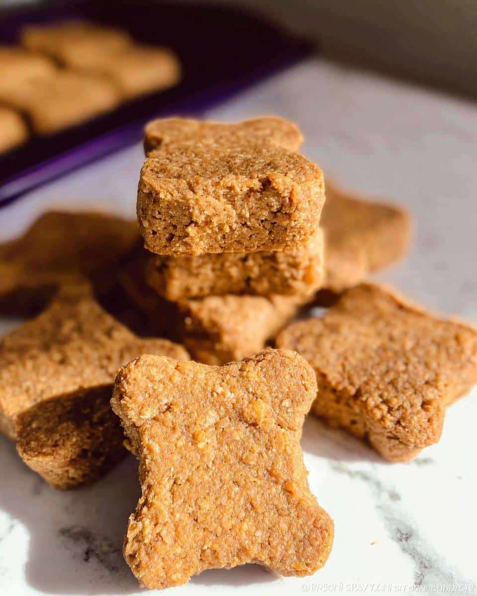 Close-up of bone-shaped Pumpkin Holiday Dog Casserole treats stacked on a white surface.