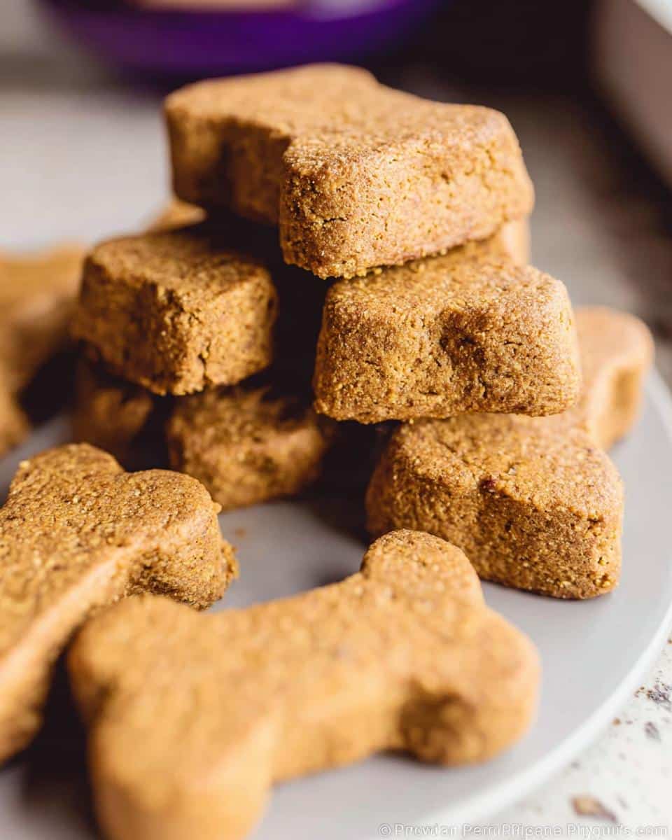 A stack of freshly baked, bone-shaped Pumpkin Holiday Dog Casserole treats on a gray plate.