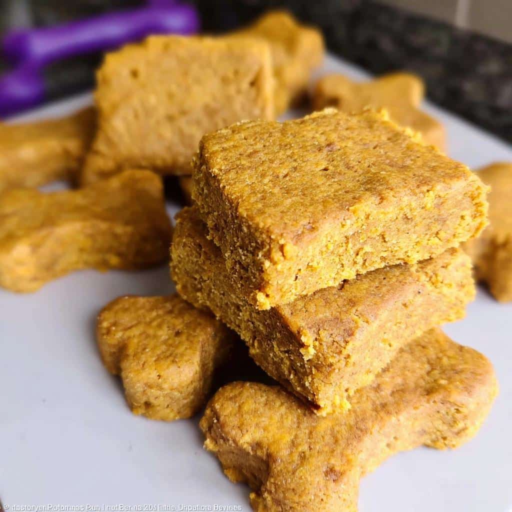 Stack of homemade Pumpkin Holiday Dog Casserole treats cut into squares and bone shapes.