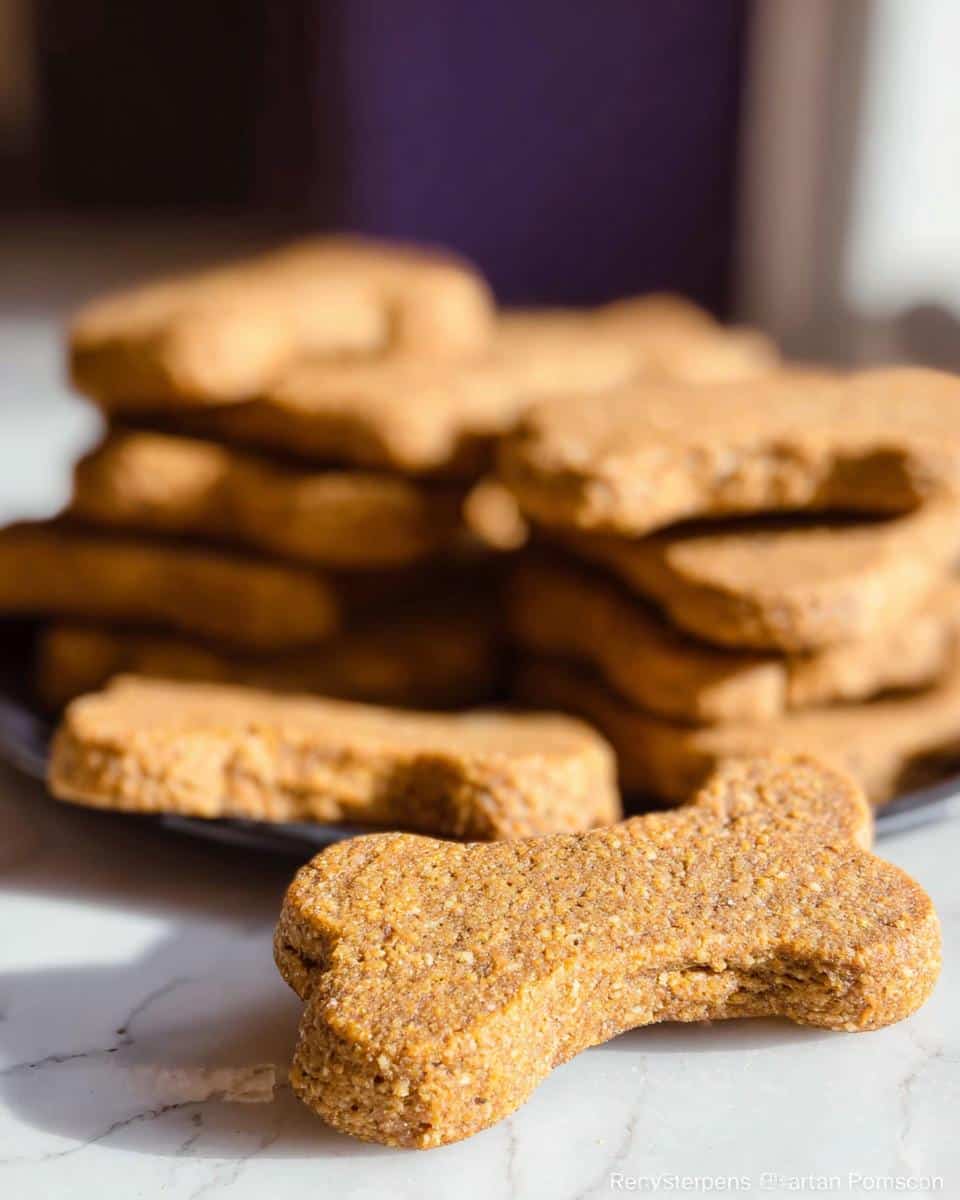 A close-up of a bone-shaped dog treat, with more Pumpkin Holiday Dog Casserole treats stacked in the background.