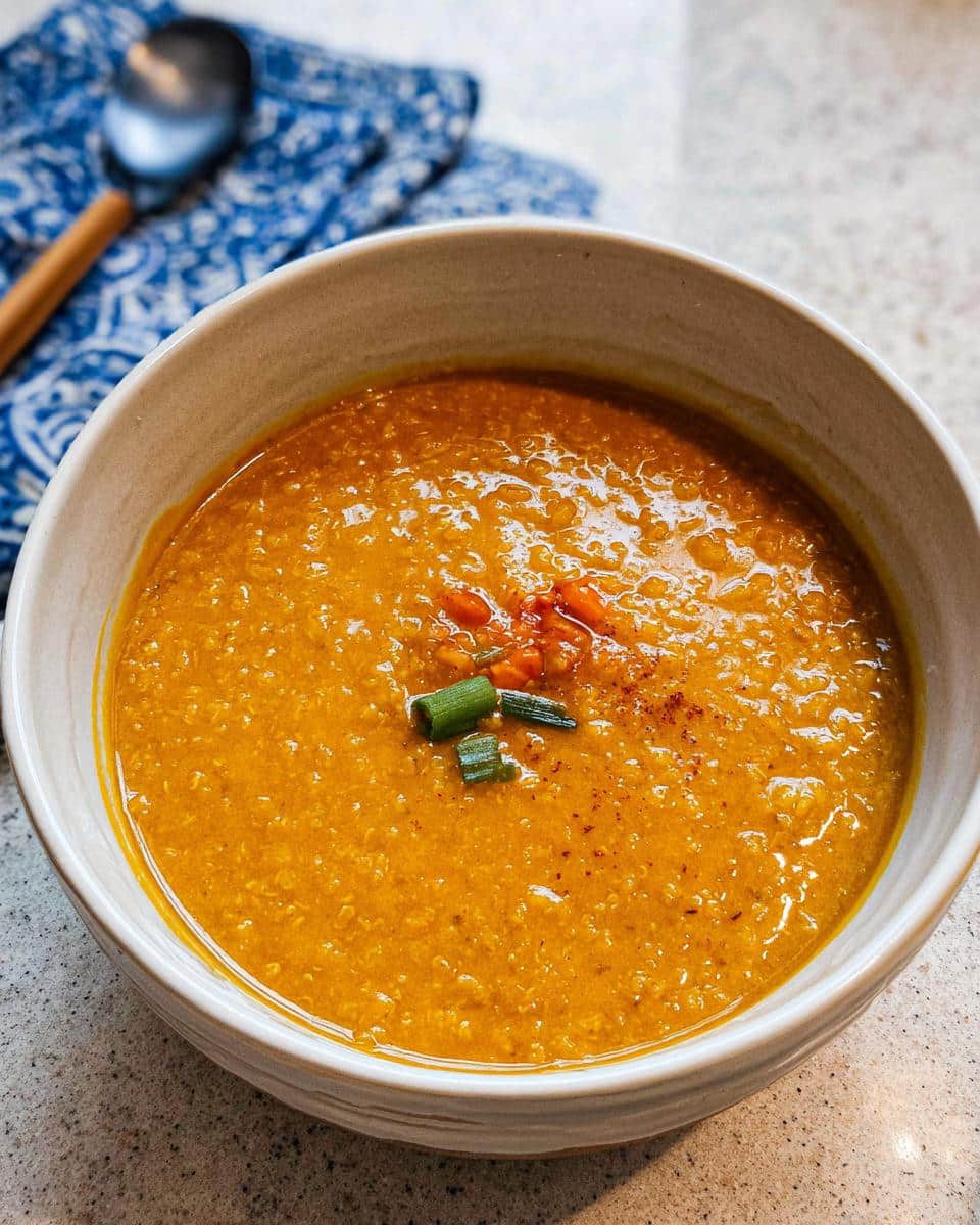 Close-up of a bowl filled with thick, orange Pumpkin Millet Canine Stew, garnished with green onions.