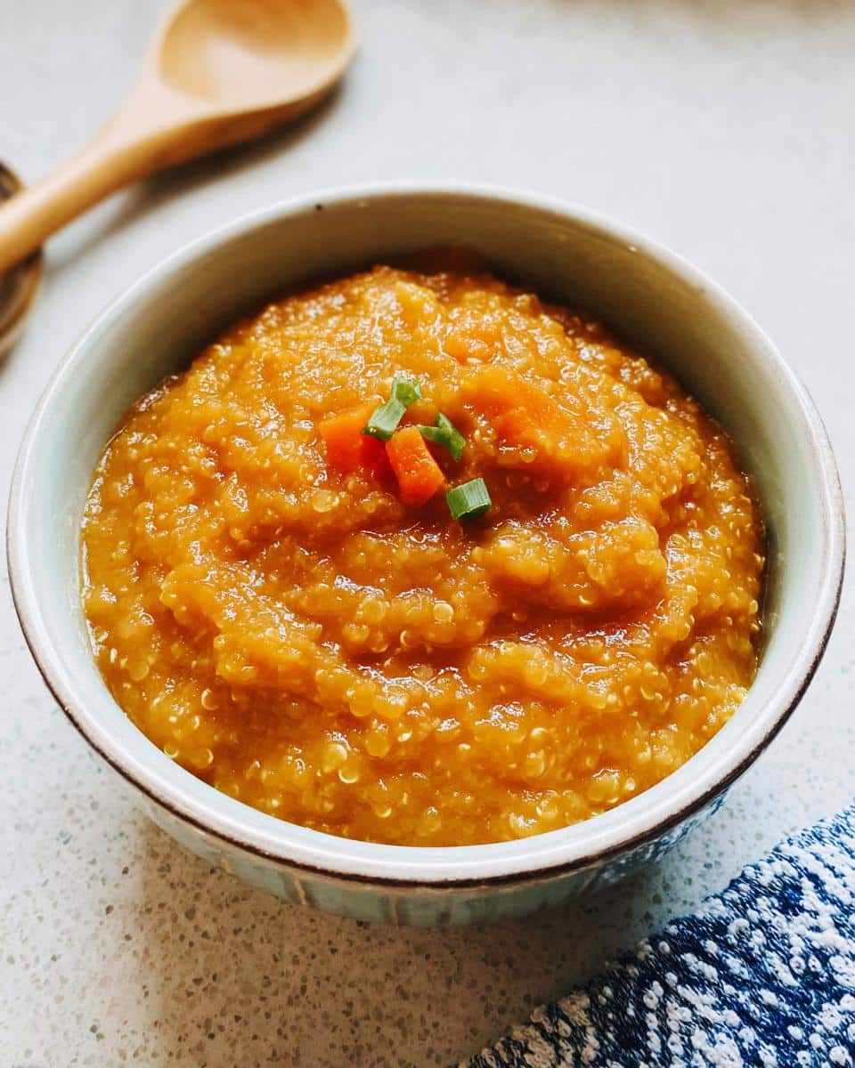 Close-up of a bowl filled with thick, orange Pumpkin Millet Canine Stew, garnished with diced carrots and chives.