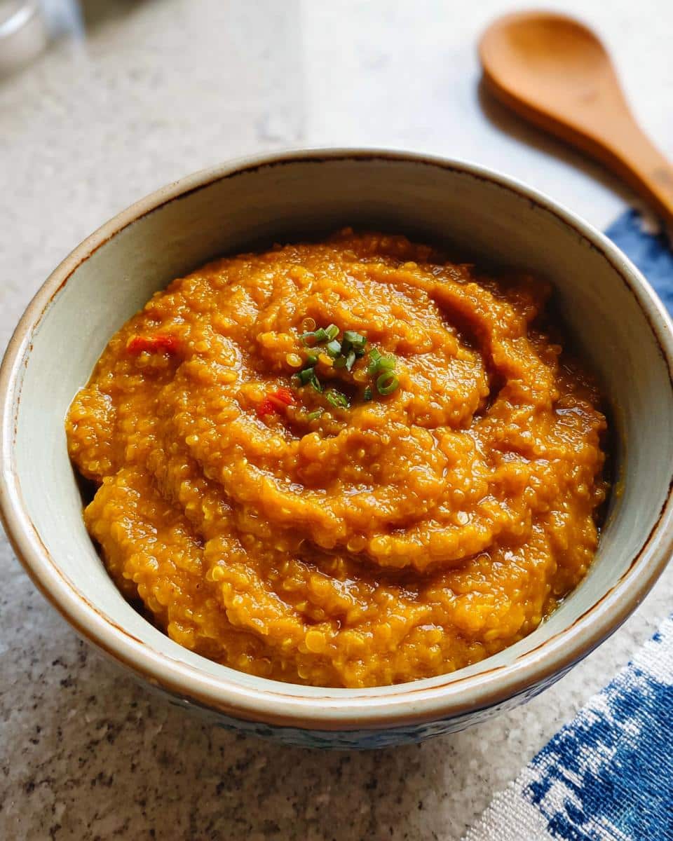 A close-up of thick, orange Pumpkin Millet Canine Stew served in a rustic bowl, garnished with green onions.