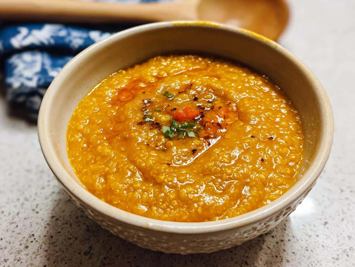 Close-up of a thick, orange Pumpkin Millet Canine Stew garnished with chili oil and herbs in a textured bowl.