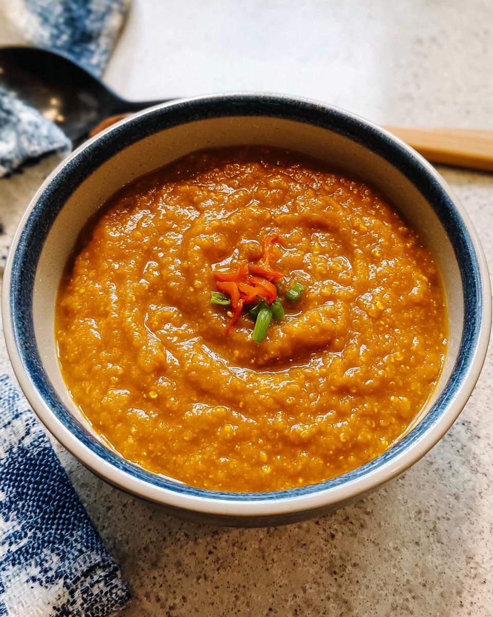 Close-up of a bowl filled with thick, orange Pumpkin Millet Canine Stew, garnished with red pepper.