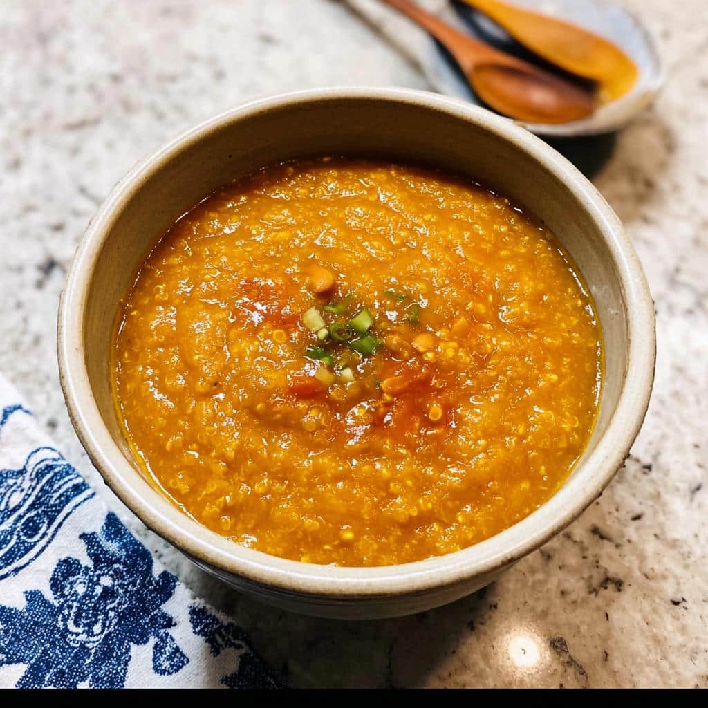 A close-up of a thick, orange Pumpkin Millet Canine Stew served in a rustic bowl, garnished with green onions.