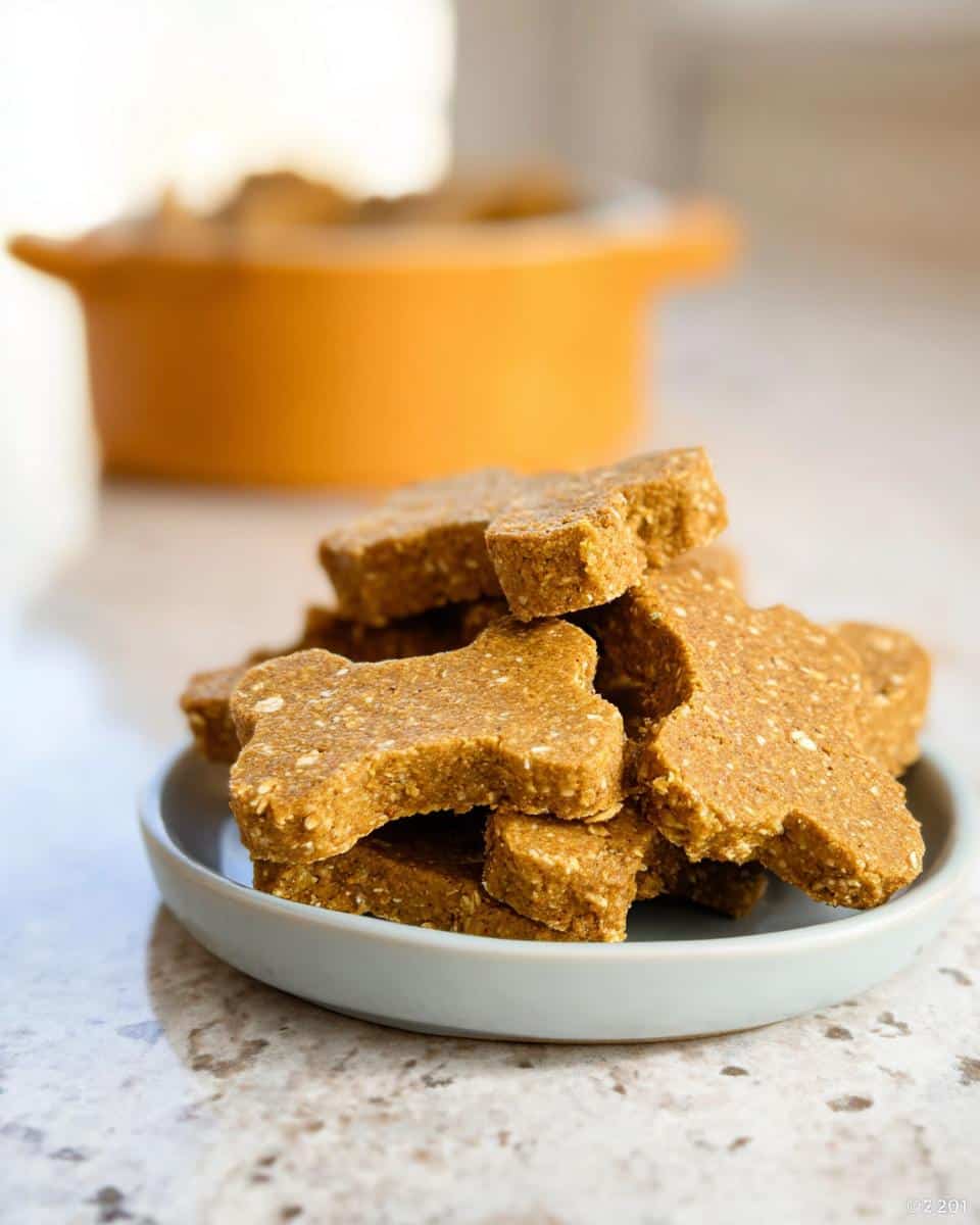 A stack of bone-shaped Pumpkin Oat Gentle Dog Plate treats resting on a small blue plate.