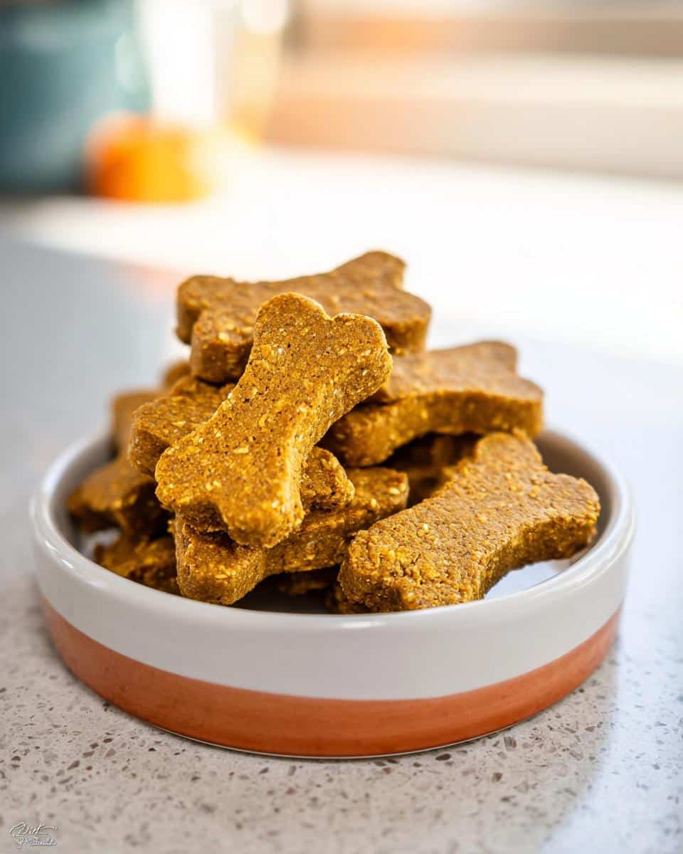 A close-up stack of bone-shaped Pumpkin Oat Gentle Dog Plate treats in a ceramic bowl.