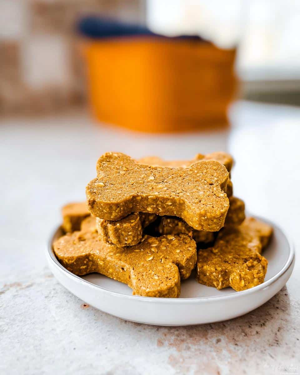 A stack of homemade, bone-shaped Pumpkin Oat Gentle Dog Plate treats on a small white dish.