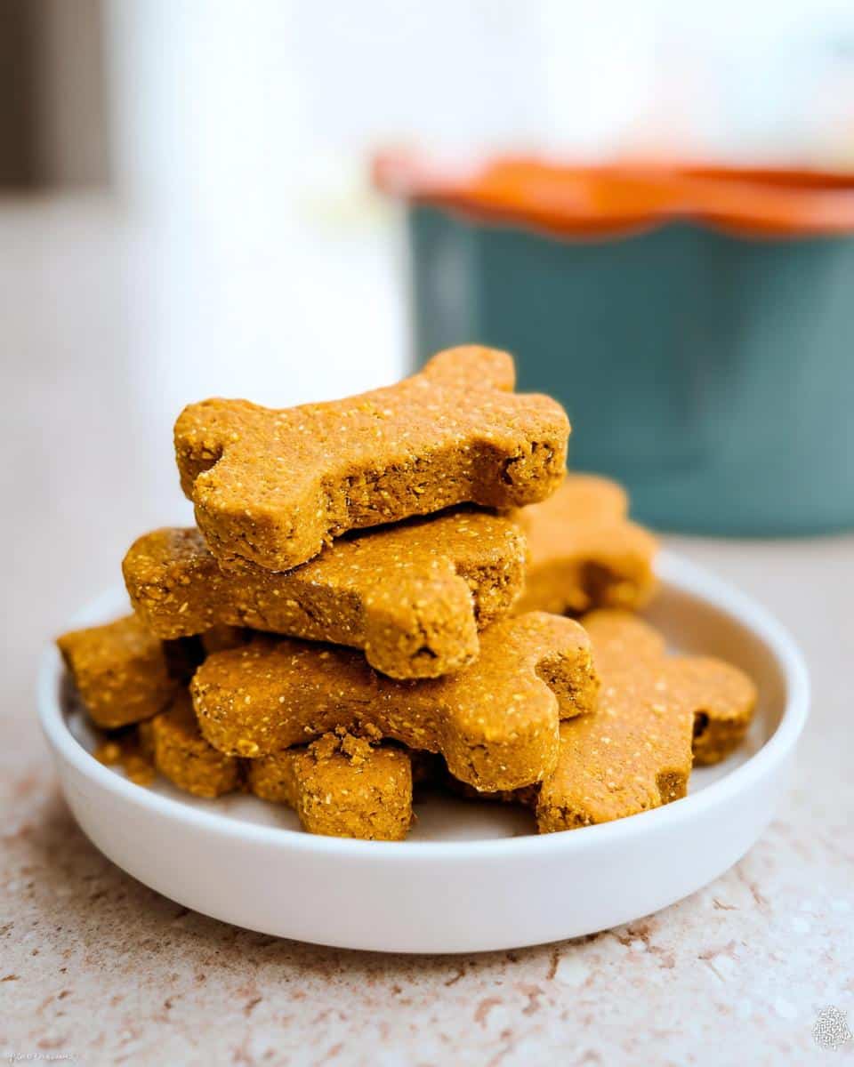 A stack of bone-shaped Pumpkin Oat Gentle Dog Plate treats in a small white bowl.