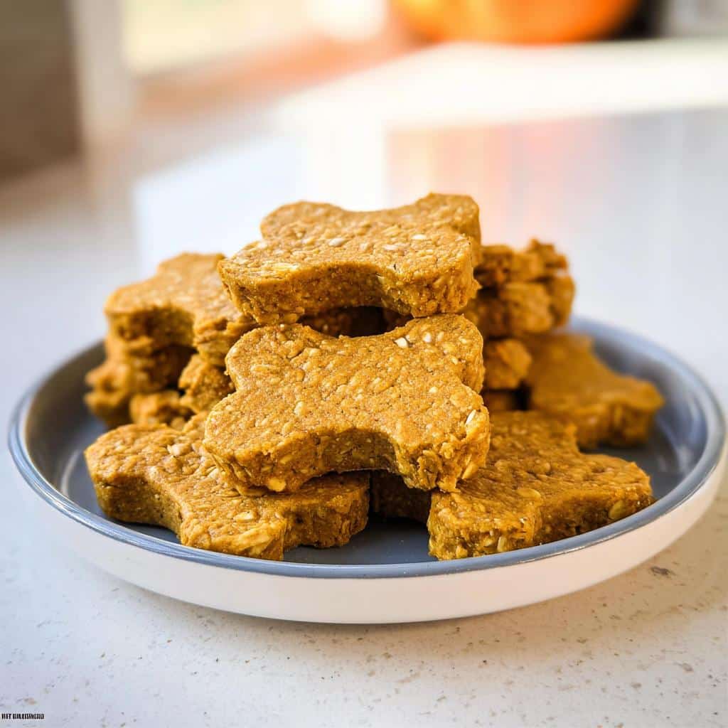 A stack of bone-shaped Pumpkin Oat Gentle Dog Plate treats piled high on a small gray and white plate.
