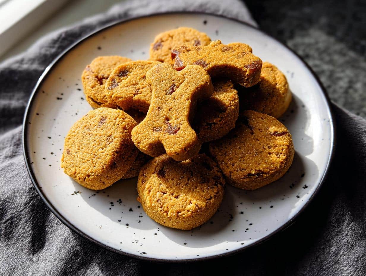 A pile of golden brown Pumpkin Spice-Free Pup Buttons dog treats, some round and one shaped like a bone, on a speckled white plate.