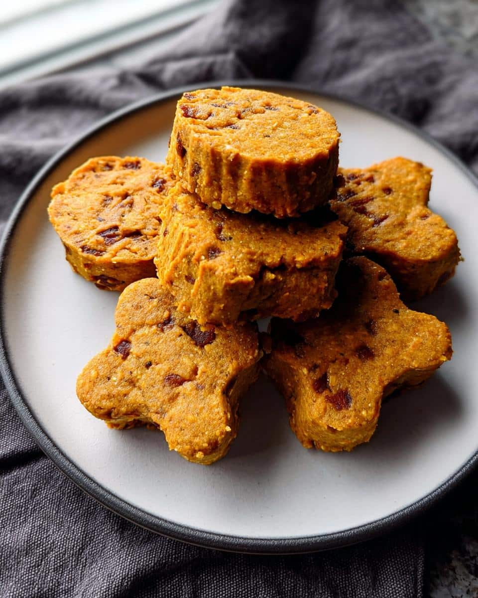 A stack of orange, bone-shaped Pumpkin Spice-Free Pup Buttons dog treats on a light gray plate.