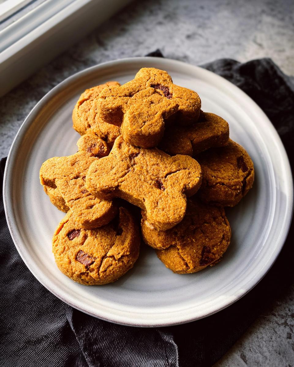 A stack of golden brown, bone-shaped Pumpkin Spice-Free Pup Buttons cookies on a light gray plate.