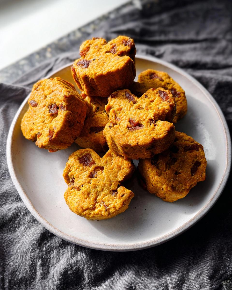 A pile of golden-orange Pumpkin Spice-Free Pup Buttons dog treats shaped like small flowers on a light gray plate.