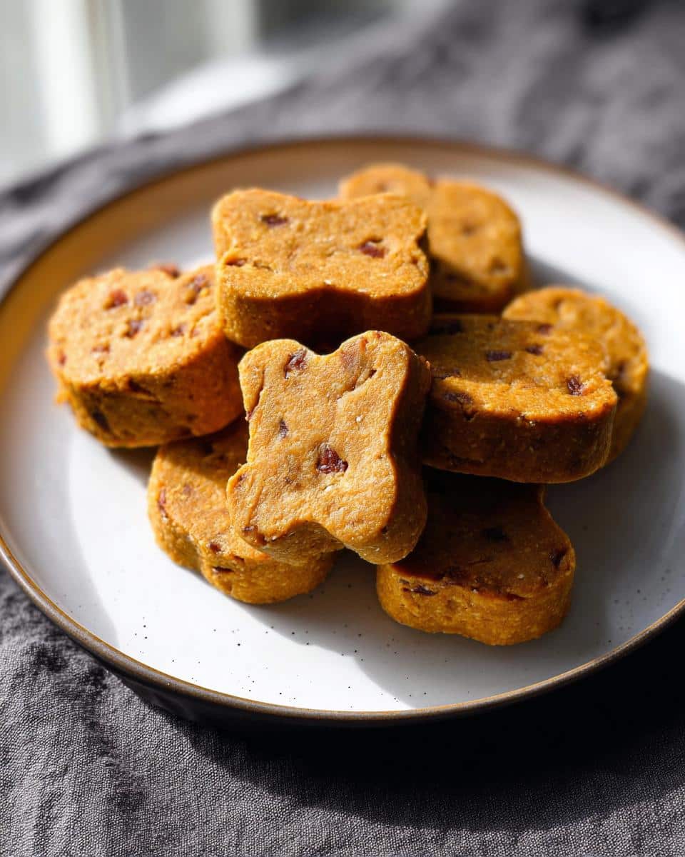 A close-up, sunlit stack of thick, bone-shaped Pumpkin Spice-Free Pup Buttons on a white speckled plate.