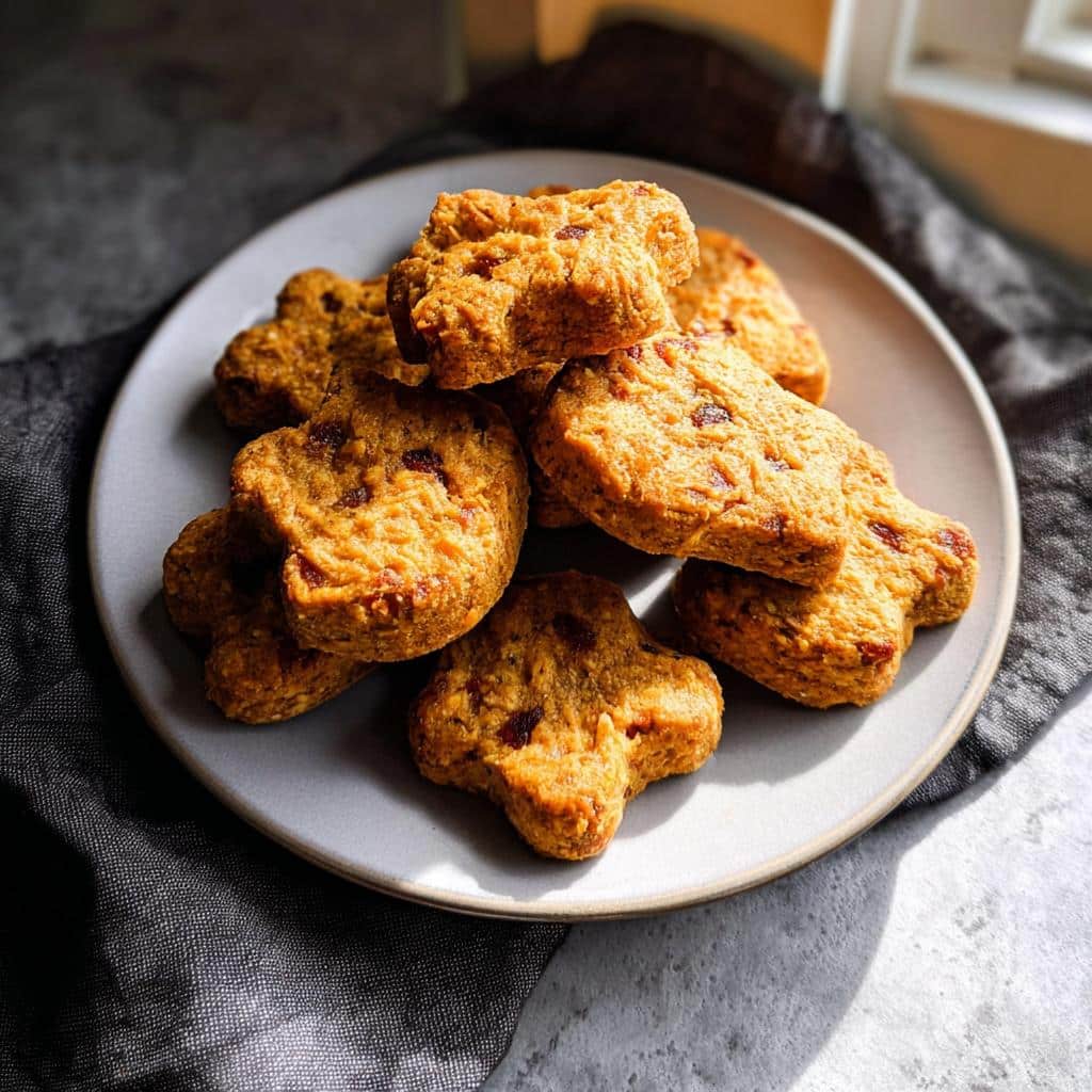 A stack of freshly baked, bone-shaped Pumpkin Spice-Free Pup Buttons on a light gray plate.