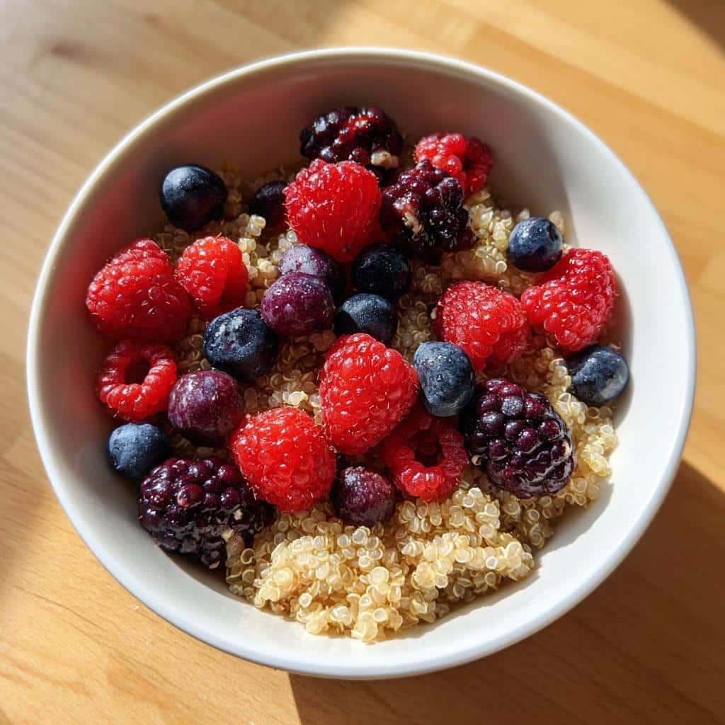 Overhead view of cooked quinoa topped with fresh raspberries, blueberries, and blackberries for a Quinoa Berry Gentle Dog Start.