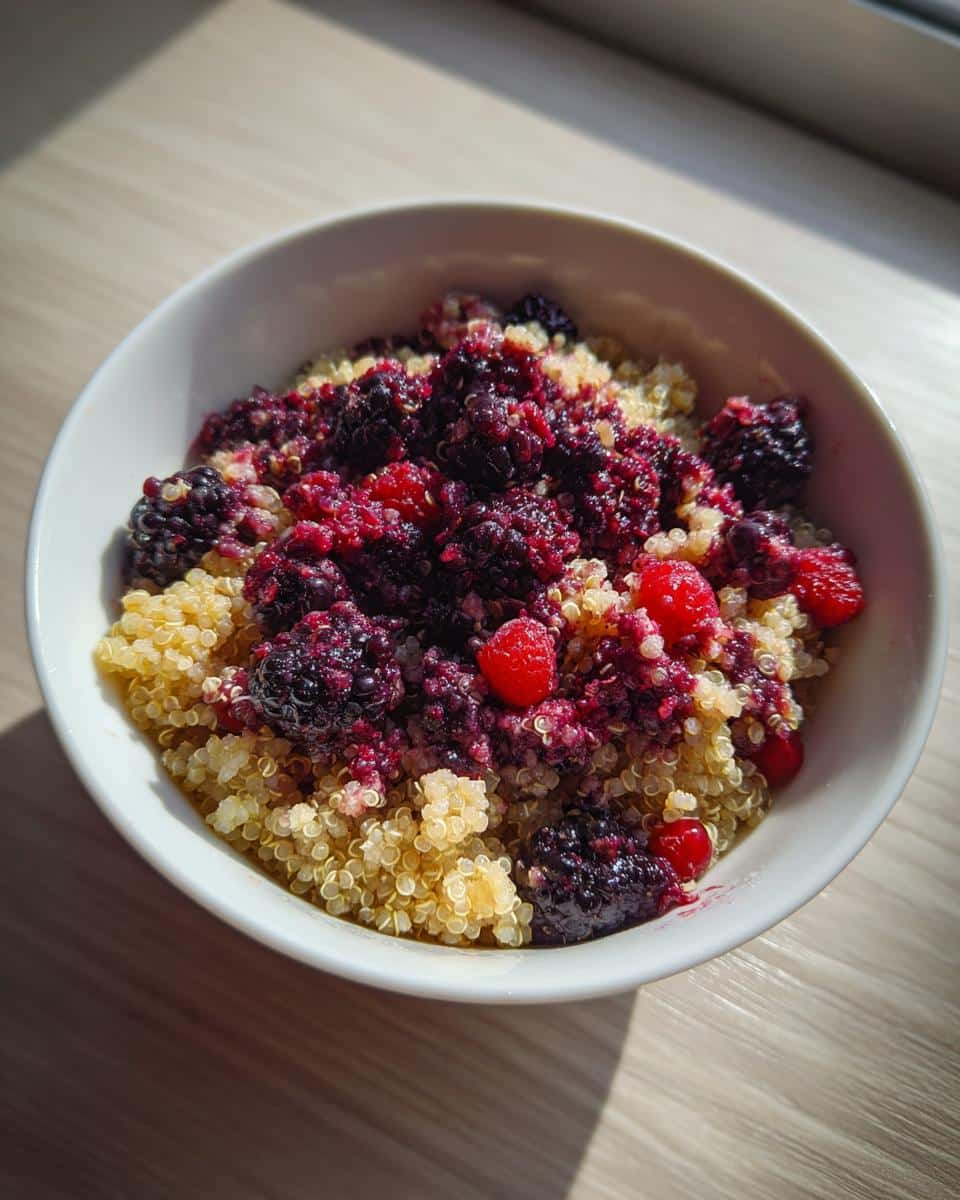 A white bowl filled with cooked quinoa topped generously with mixed dark berries, illustrating a Quinoa Berry Gentle Dog Start.