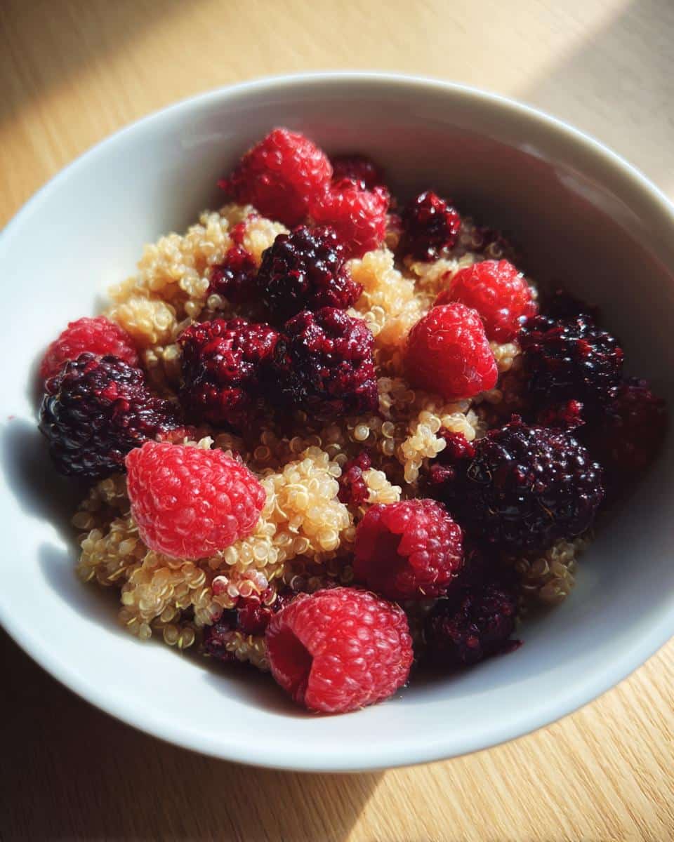 Close-up of cooked quinoa topped with fresh raspberries and blackberries, representing a Quinoa Berry Gentle Dog Start.