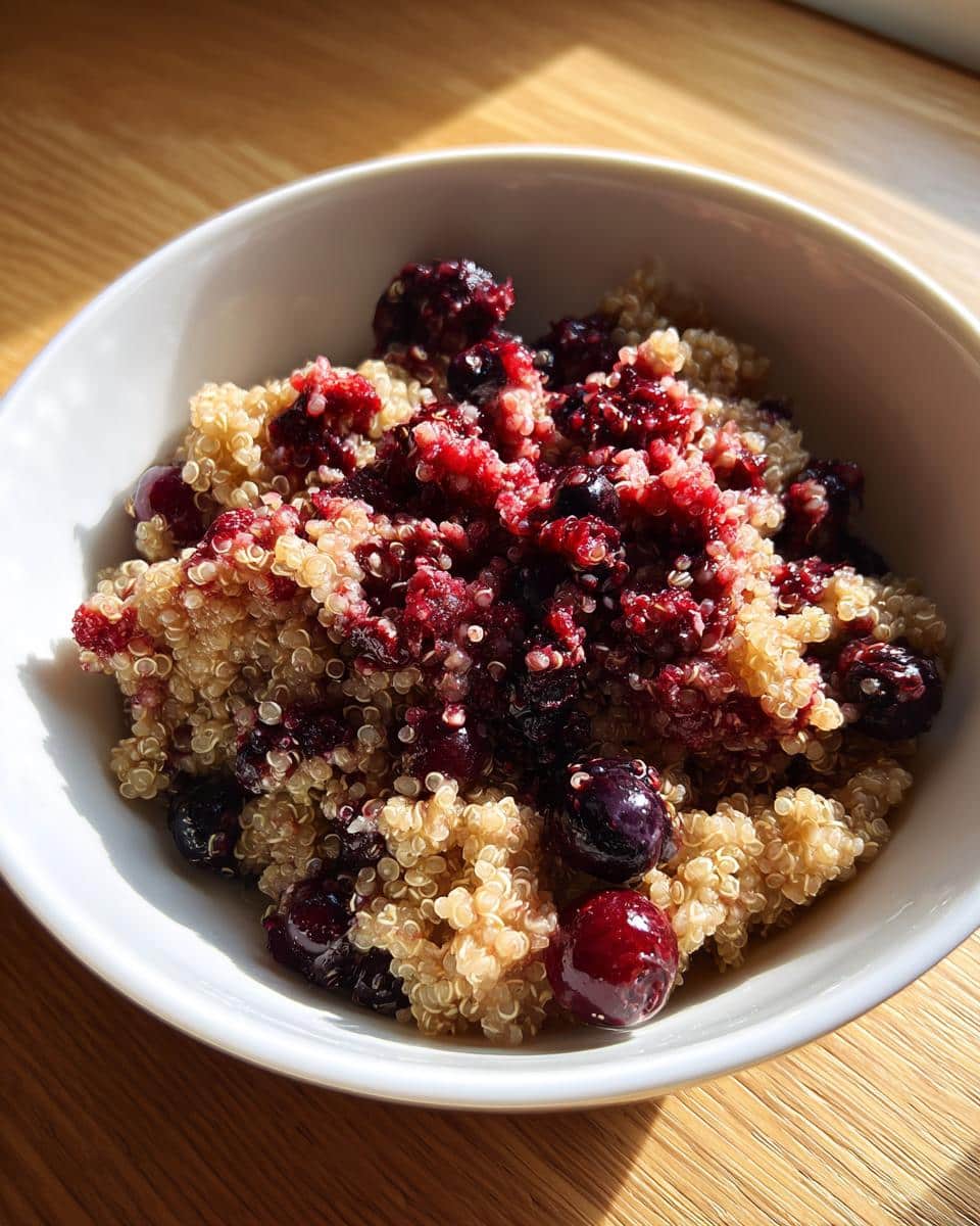 A white bowl filled with cooked quinoa topped with mixed berries for a Quinoa Berry Gentle Dog Start.
