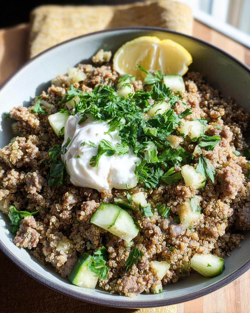 Close-up of a bowl of quinoa mixed with ground meat, topped with yogurt, fresh parsley, cucumber slices, and a lemon wedge.
