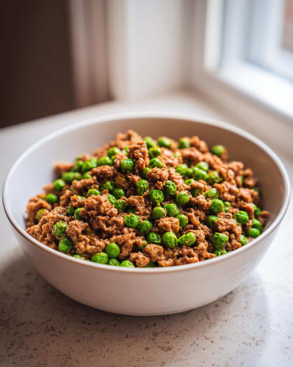 Close-up of a white bowl filled with ground meat mixture and bright green peas, part of the Rabbit Pea Grain-Free Pup Bowl recipe.