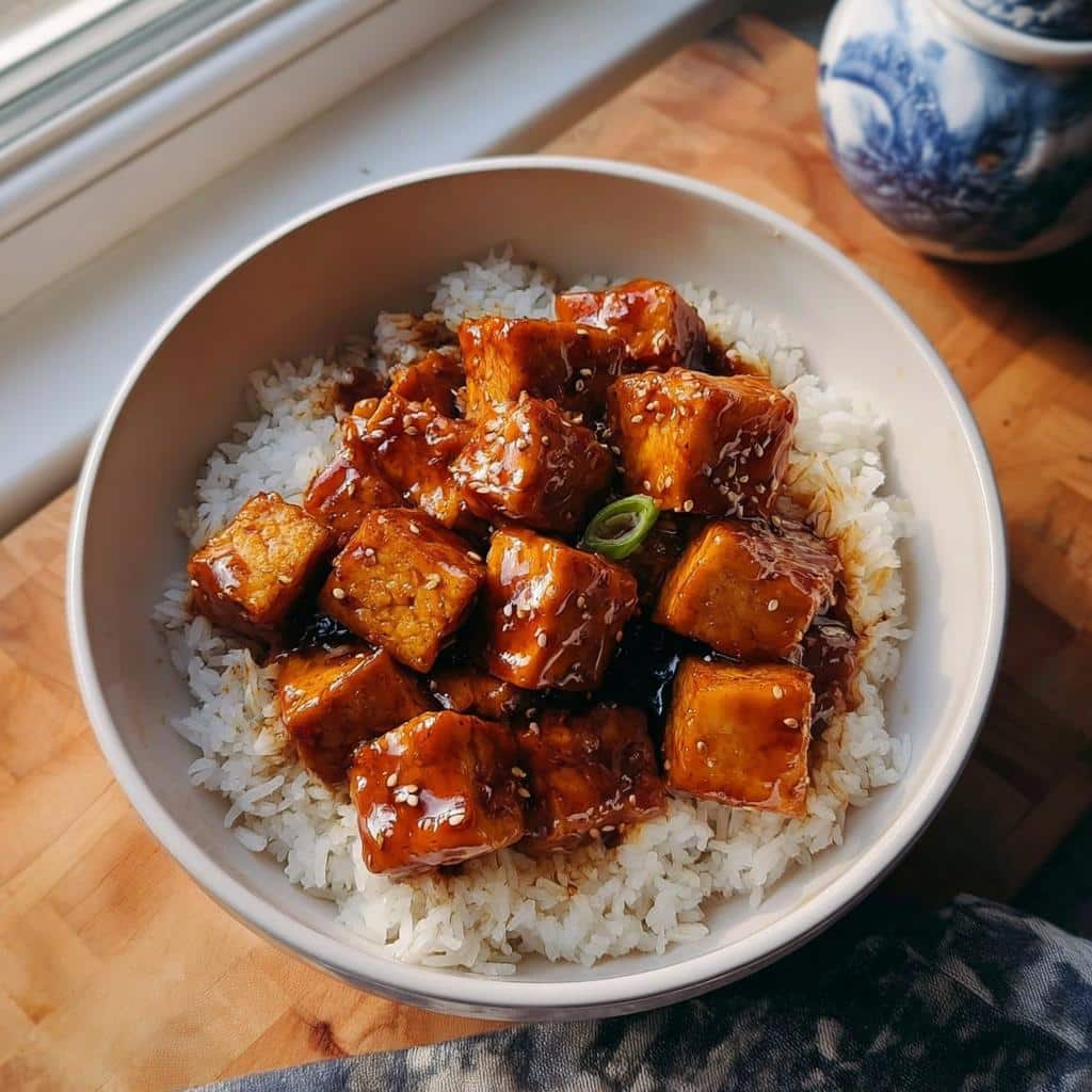 Bowl of white rice topped with glazed, cubed tofu sprinkled with sesame seeds, part of a Rice and Tofu Simple Dog Dish.
