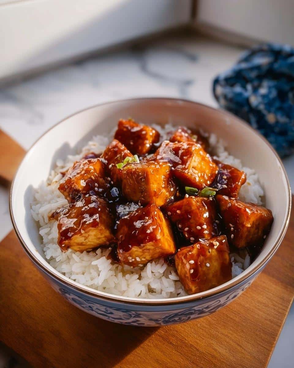 A bowl filled with white rice topped with glazed tofu cubes, part of the Rice and Tofu Simple Dog Dish recipe.