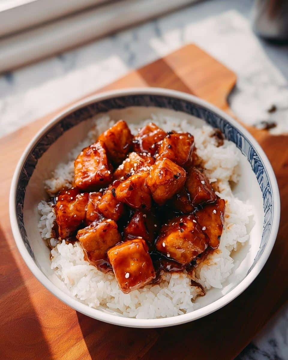 Close-up of saucy tofu cubes served over white rice in a patterned bowl, representing a Rice and Tofu Simple Dog Dish.