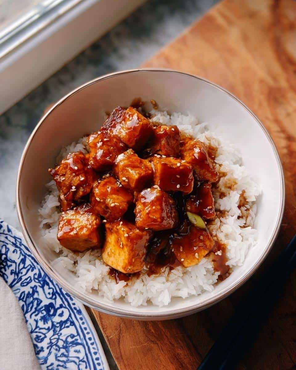 Bowl of white rice topped with glazed, cubed tofu, resembling the Rice and Tofu Simple Dog Dish.