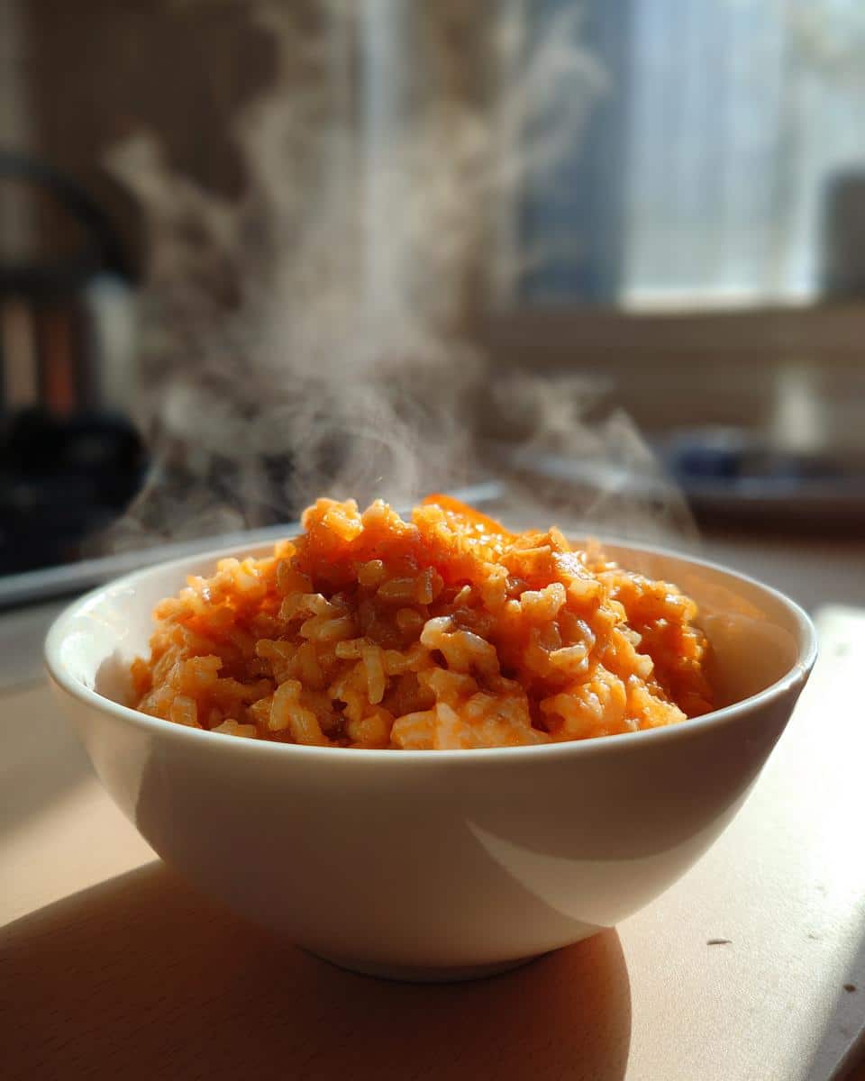 A close-up of steaming Rice Pumpkin Sunrise Dog Meal served hot in a white bowl on a wooden surface.