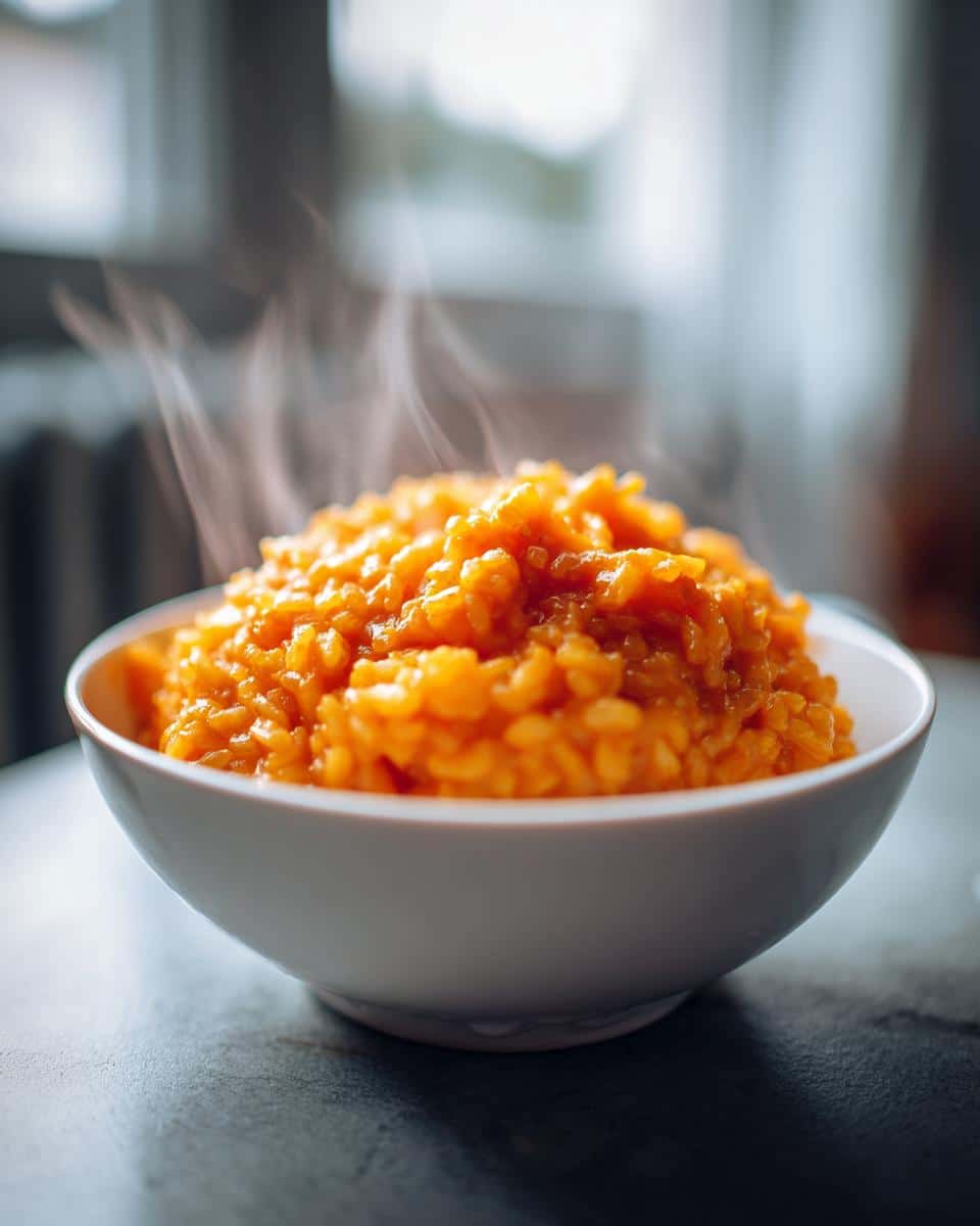 A white bowl filled with steaming, bright orange Rice Pumpkin Sunrise Dog Meal.
