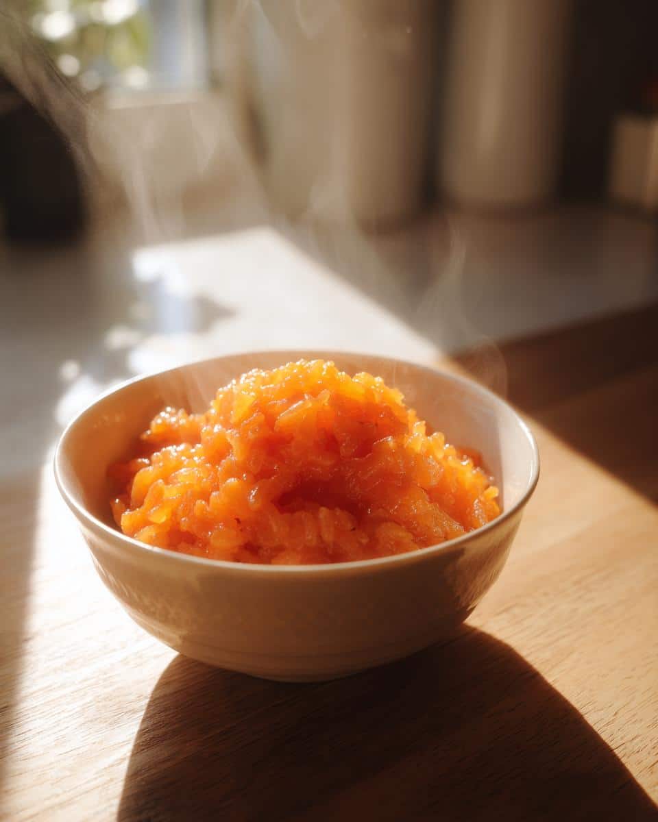 A small white bowl filled with steaming Rice Pumpkin Sunrise Dog Meal, sitting on a wooden surface in bright sunlight.