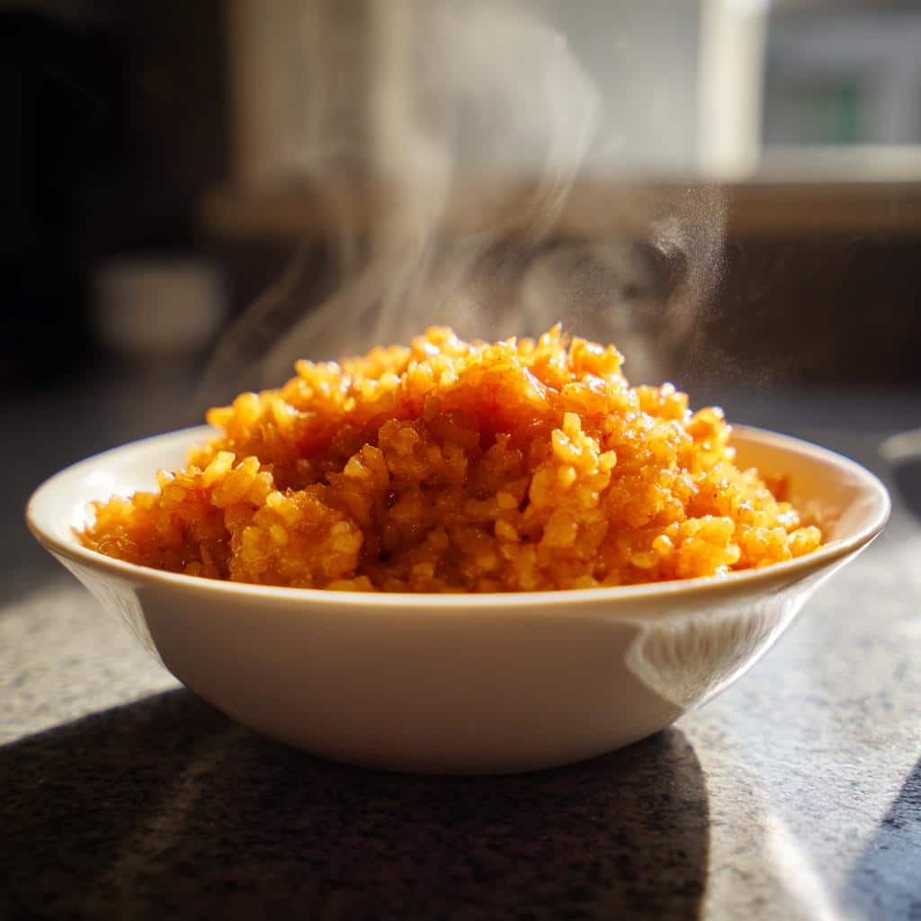 Close-up of hot, steaming Rice Pumpkin Sunrise Dog Meal served in a white bowl.
